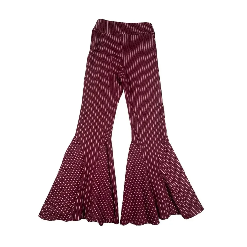 Free People Mari Ponte Flare Pants Side Zip Winterberry Maroon Stripe Size 6